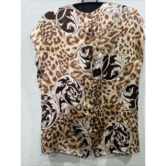 St. John Animal Print Silk Cap Sleeve Top Sz 12 Large Floral Lightweight Blouse - Picture 2 of 8